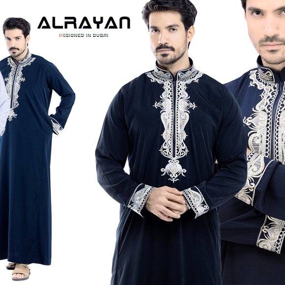 Arab Men's Thoub Embroidered Men Arab thoub Dishdash Long Sleeve Thobe Islamic - Picture 1 of 11